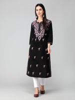 Load image into Gallery viewer, Seva Chikan Hand Embroidered Black Cotton Lucknowi Chikankari Kurta