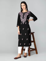 Load image into Gallery viewer, Seva Chikan Hand Embroidered Black Cotton Lucknowi Chikankari Kurta