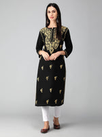 Load image into Gallery viewer, Seva Chikan Hand Embroidered Black Cotton Lucknowi Chikankari Kurta