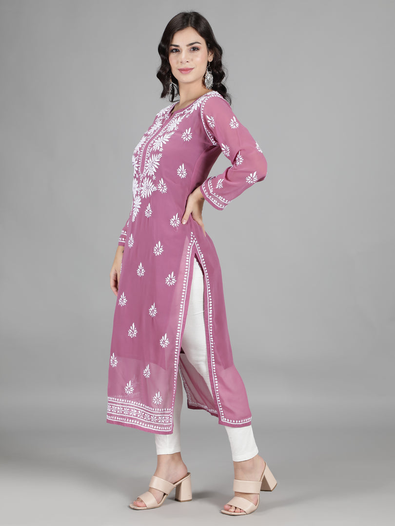 Seva Chikan Hand Embroidered Georgette Lucknowi Chikan Kurti With Slip