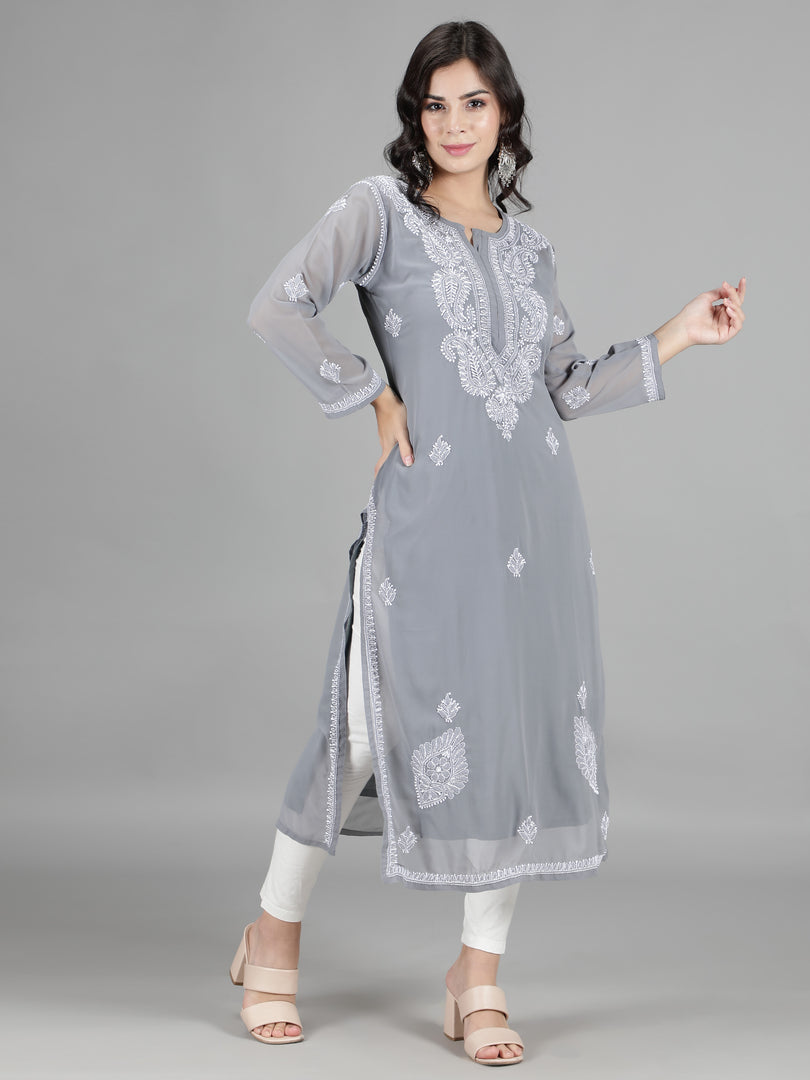 Seva Chikan Hand Embroidered  Georgette Lucknowi Chikankari kurta with Slip