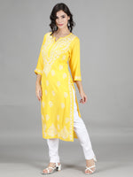 Load image into Gallery viewer, Seva Chikan Hand Embroidered Yellow Cotton Kurta with Pant-SCL8013