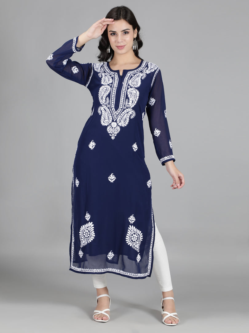 Seva Chikan Hand Embroidered  Georgette Lucknowi Chikankari kurta with Slip
