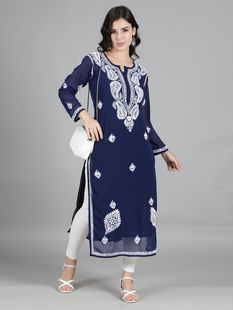 Seva Chikan Hand Embroidered  Georgette Lucknowi Chikankari kurta with Slip