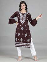 Load image into Gallery viewer, Seva Chikan Hand Embroidered Brown Cotton Kurta With Pant-SCL8011