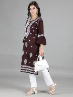 Load image into Gallery viewer, Seva Chikan Hand Embroidered Brown Cotton Kurta With Pant-SCL8011