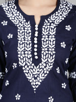 Load image into Gallery viewer, Seva Chikan Hand Embroidered Navy Blue Cotton Kurta With Pant-SCL8010