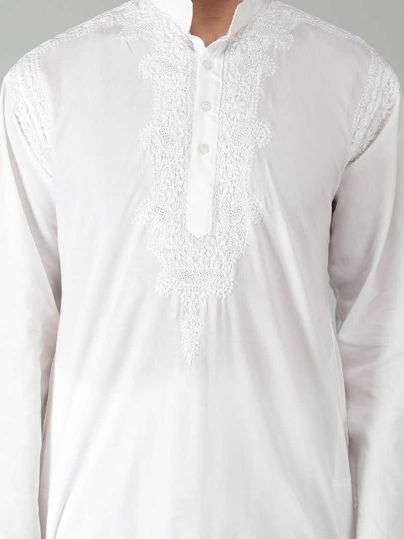 Seva Chikan Hand Embroidered White Cotton Lucknowi Chikan Mens Stitched Kurta-SCL15057