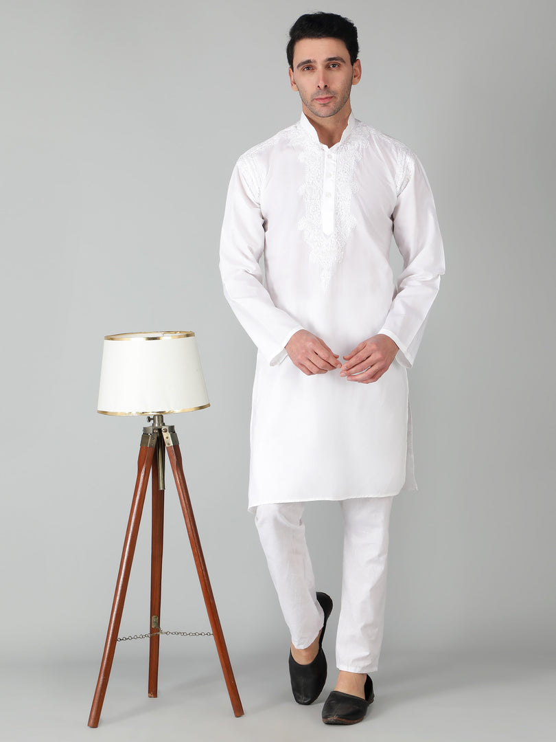 Seva Chikan Hand Embroidered White Cotton Lucknowi Chikan Mens Stitched Kurta-SCL15057