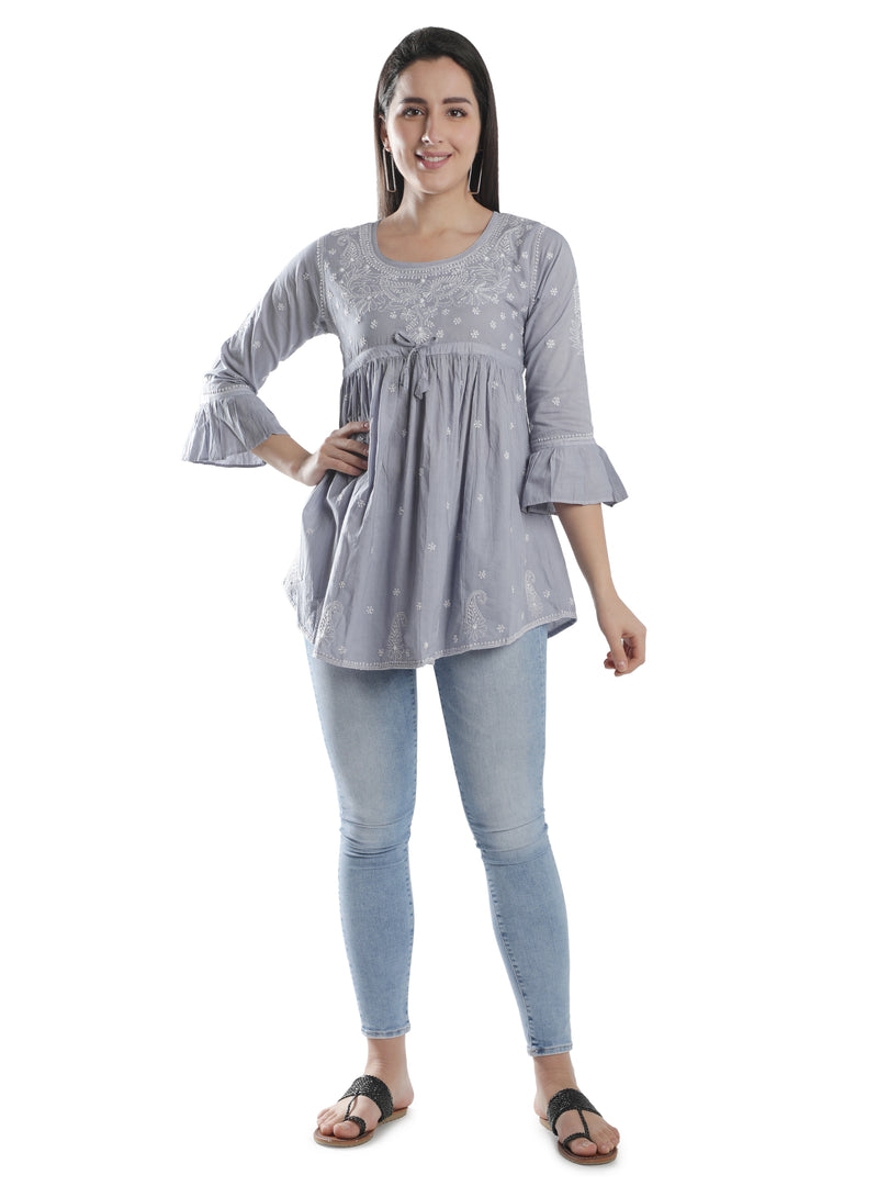 Seva Chikan Hand Embroidered Cotton Lucknowi Chikan Short Top