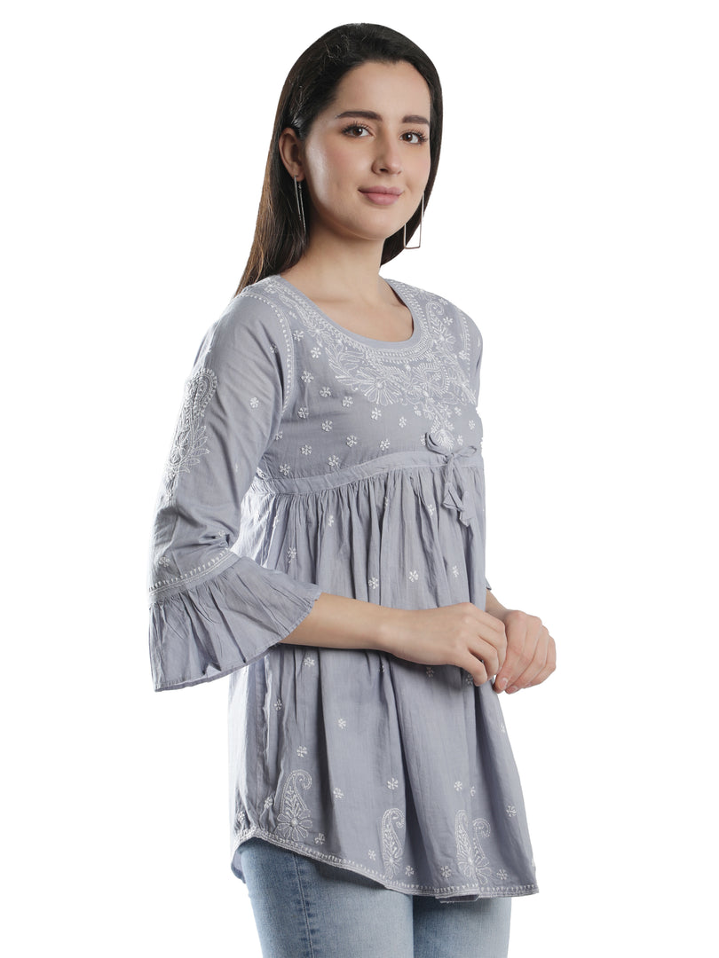 Seva Chikan Hand Embroidered Cotton Lucknowi Chikan Short Top