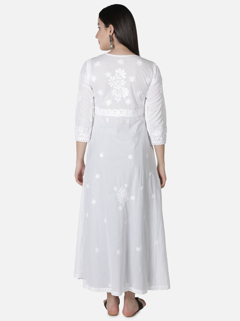 Seva Chikan Hand Embroidered White Cotton Lucknowi Chikankari Anarkali Gown-SCL4024