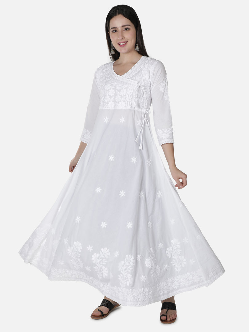 Seva Chikan Hand Embroidered White Cotton Lucknowi Chikankari Anarkali Gown-SCL4024