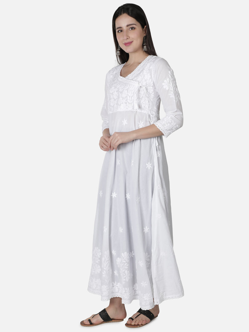 Seva Chikan Hand Embroidered White Cotton Lucknowi Chikankari Anarkali Gown-SCL4024