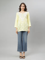 Load image into Gallery viewer, Seva Chikan Hand Embroidered Lemon Rayon Lucknowi Chikan Top SCL9158