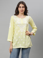 Load image into Gallery viewer, Seva Chikan Hand Embroidered Lemon Rayon Lucknowi Chikan Top SCL9158