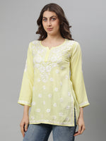 Load image into Gallery viewer, Seva Chikan Hand Embroidered Lemon Rayon Lucknowi Chikan Top SCL9158
