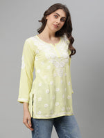 Load image into Gallery viewer, Seva Chikan Hand Embroidered Lemon Rayon Lucknowi Chikan Top SCL9158