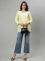 Load image into Gallery viewer, Seva Chikan Hand Embroidered Lemon Rayon Lucknowi Chikan Top SCL9158