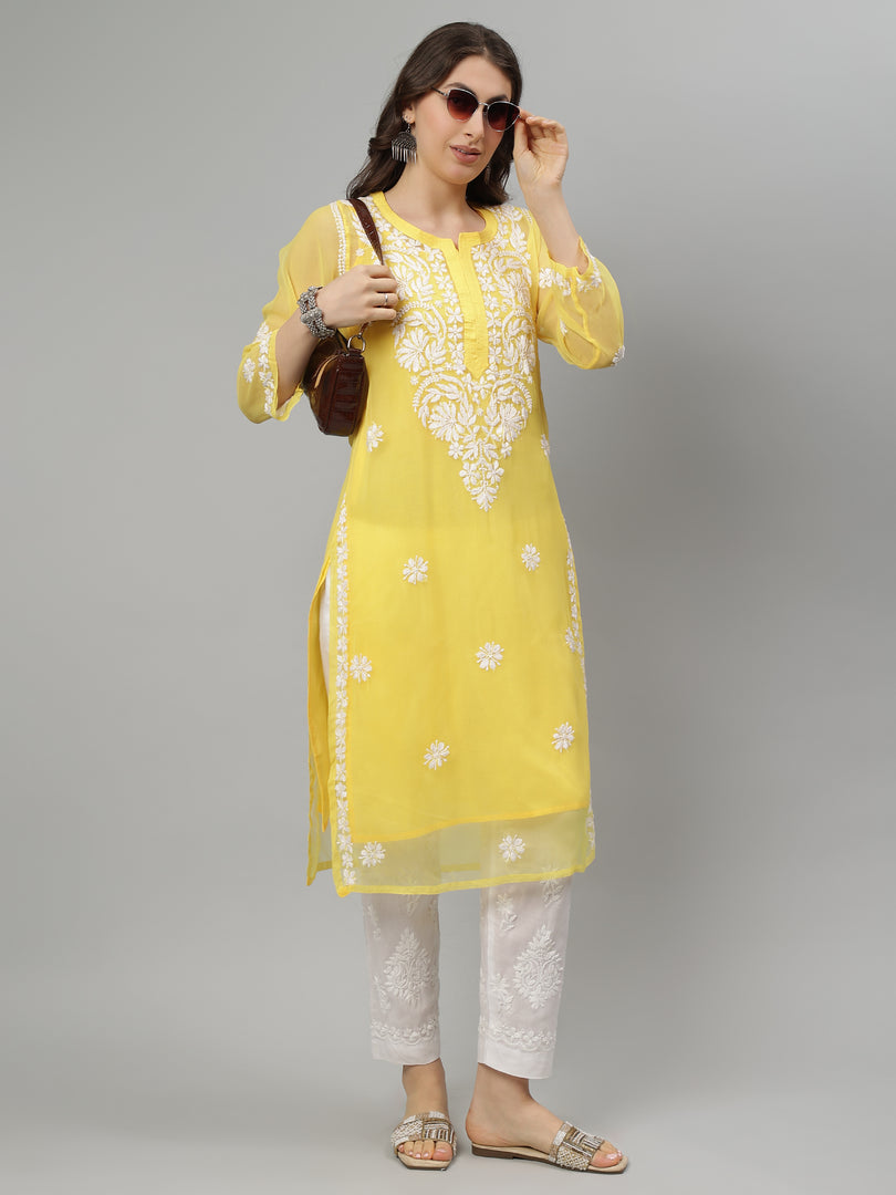 Seva Chikan Hand Embroidered Georgette Lucknowi Chikankari Kurta With Slip