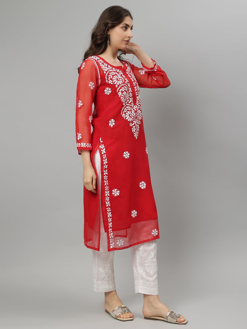 Seva Chikan Hand Embroidered Georgette Lucknowi Chikankari Kurta With Slip