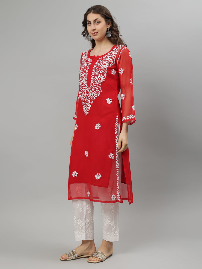 Seva Chikan Hand Embroidered Georgette Lucknowi Chikankari Kurta With Slip