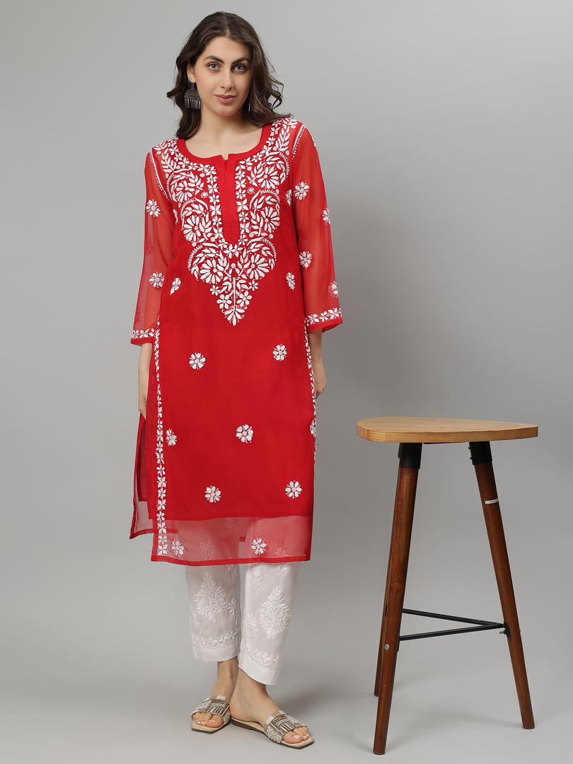 Seva Chikan Hand Embroidered Georgette Lucknowi Chikankari Kurta With Slip