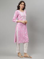 Load image into Gallery viewer, Seva Chikan Hand Embroidered Pink Rayon Cotton Lucknowi Chikankari Kurta SCL4709