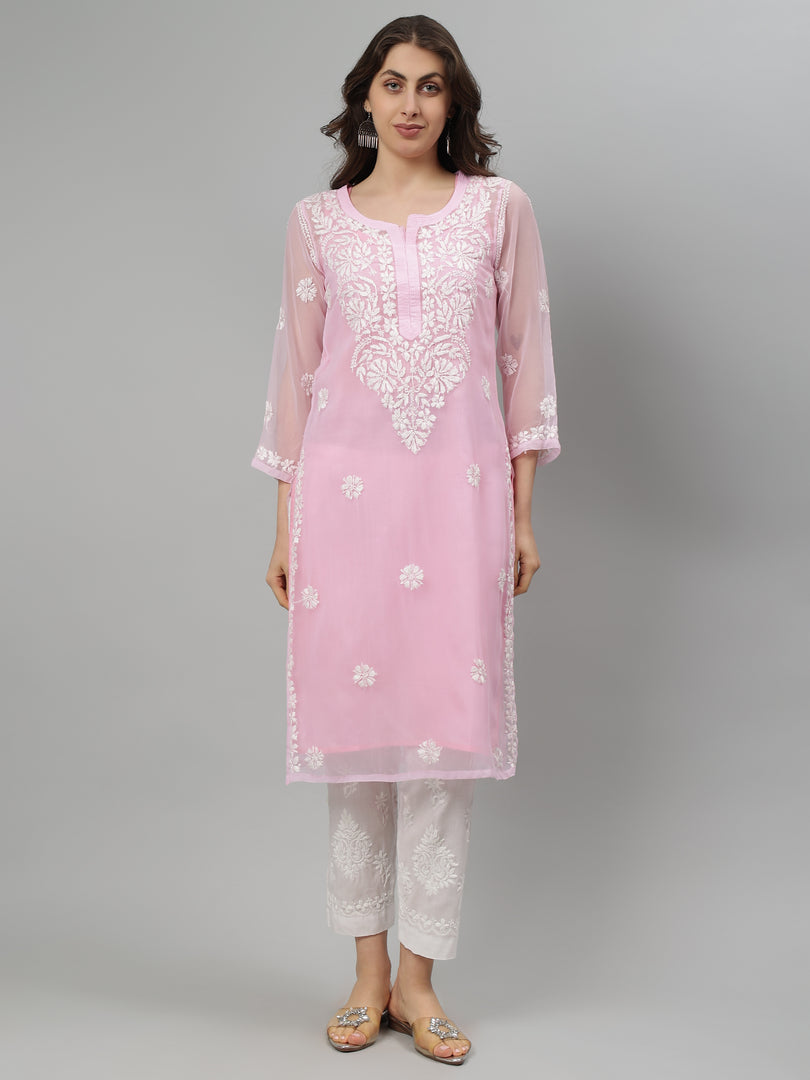 Seva Chikan Hand Embroidered Georgette Lucknowi Chikankari Kurta With Slip