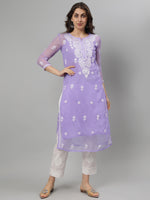 Load image into Gallery viewer, Seva Chikan Hand Embroidered Mauve Georgette Chikankari Kurta With Matching Slip SCL4285