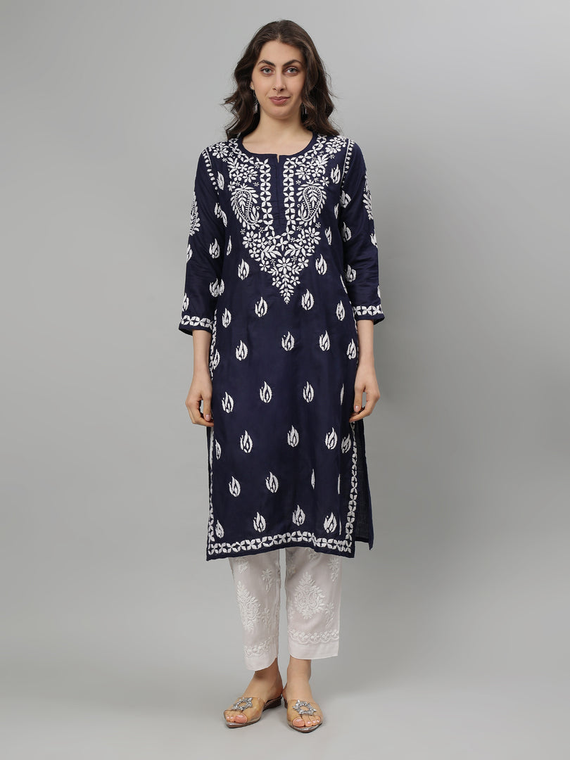 Seva Chikan Hand Embroidered Navy Blue Cotton Chikankari kurta SCL4756
