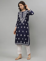 Load image into Gallery viewer, Seva Chikan Hand Embroidered Navy Blue Cotton Chikankari kurta SCL4756