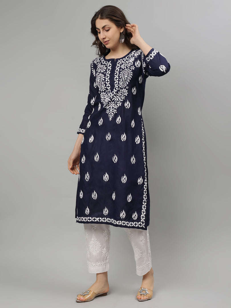 Seva Chikan Hand Embroidered Navy Blue Cotton Chikankari kurta SCL4756