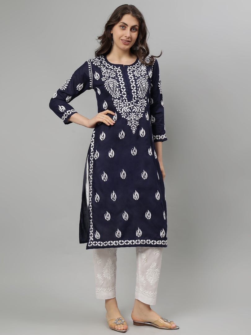 Seva Chikan Hand Embroidered Navy Blue Cotton Chikankari kurta SCL4756