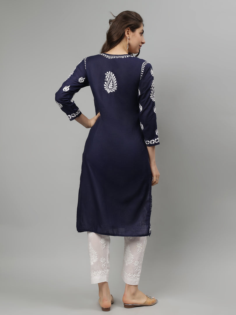 Seva Chikan Hand Embroidered Navy Blue Cotton Chikankari kurta SCL4756
