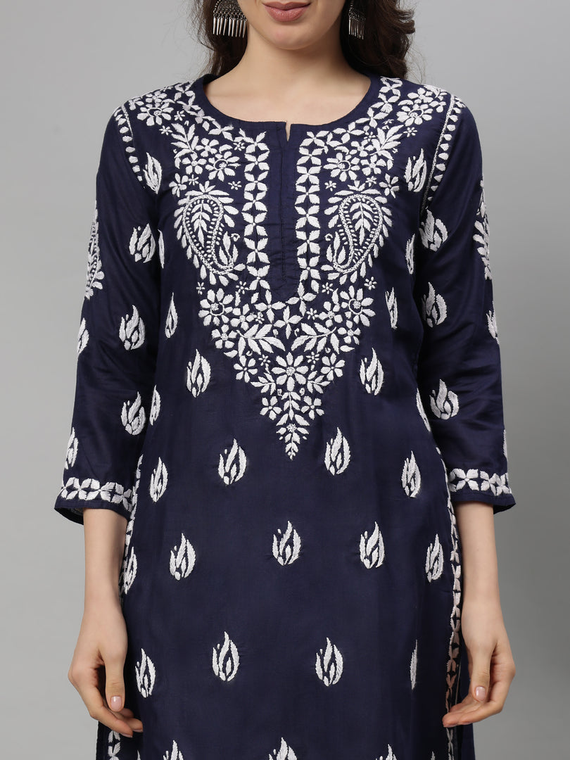 Seva Chikan Hand Embroidered Navy Blue Cotton Chikankari kurta SCL4756
