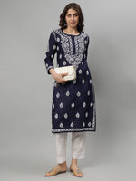 Load image into Gallery viewer, Seva Chikan Hand Embroidered Navy Blue Cotton Chikankari kurta SCL4756