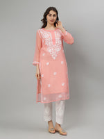 Load image into Gallery viewer, Seva Chikan Hand Embroidered Georgette Lucknowi Chikankari Kurta With Slip