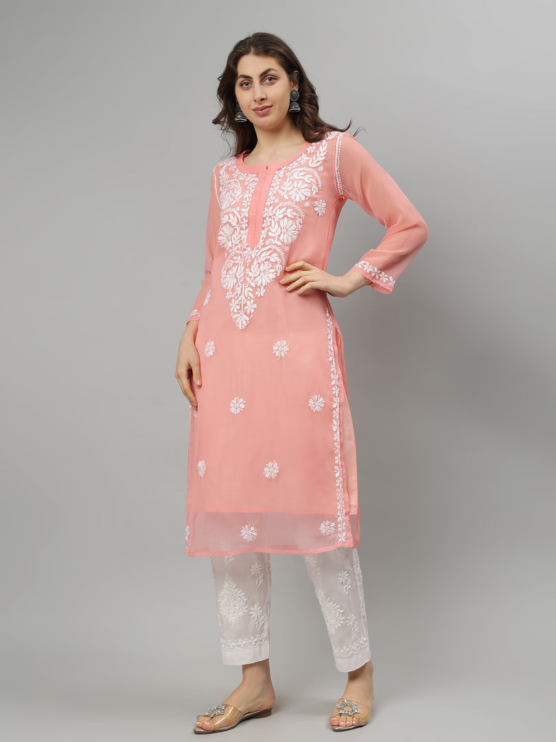 Seva Chikan Hand Embroidered Georgette Lucknowi Chikankari Kurta With Slip
