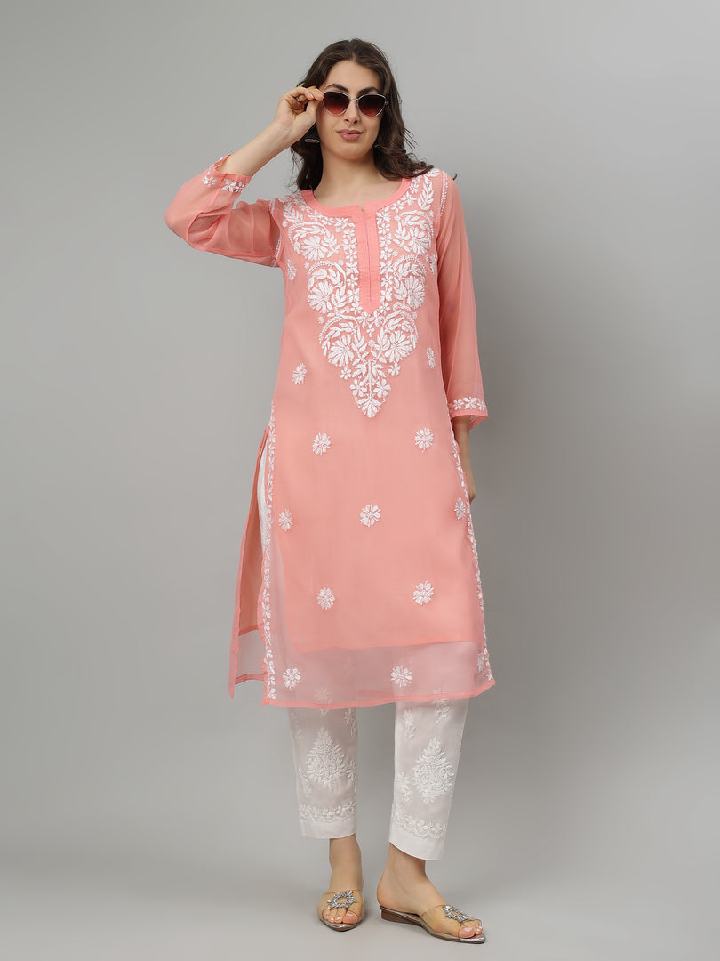 Seva Chikan Hand Embroidered Georgette Lucknowi Chikankari Kurta With Slip