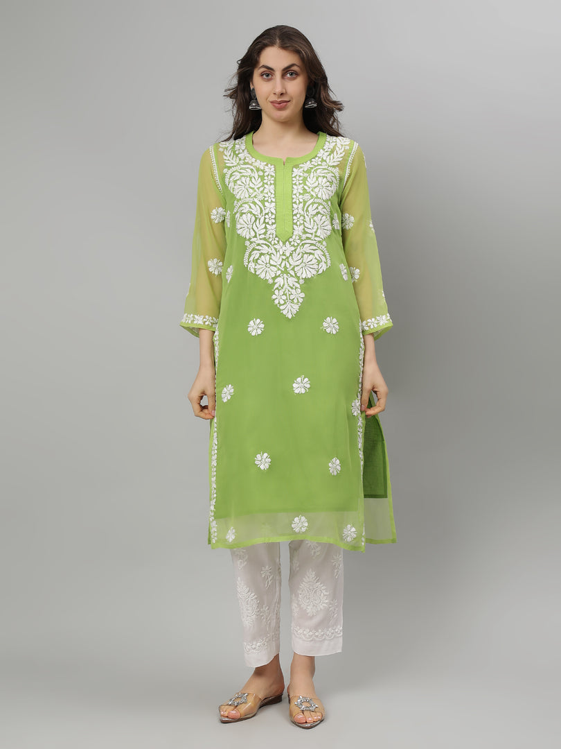 Seva Chikan Hand Embroidered Georgette Lucknowi Chikankari Kurta With Slip