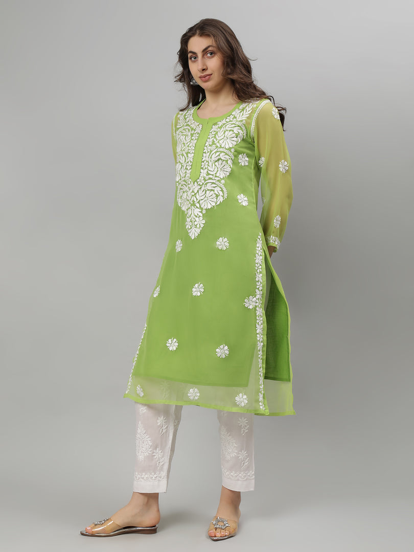 Seva Chikan Hand Embroidered Georgette Lucknowi Chikankari Kurta With Slip