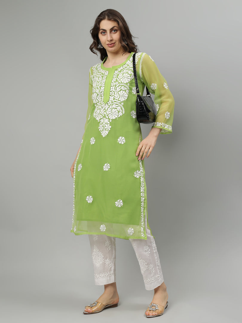 Seva Chikan Hand Embroidered Georgette Lucknowi Chikankari Kurta With Slip