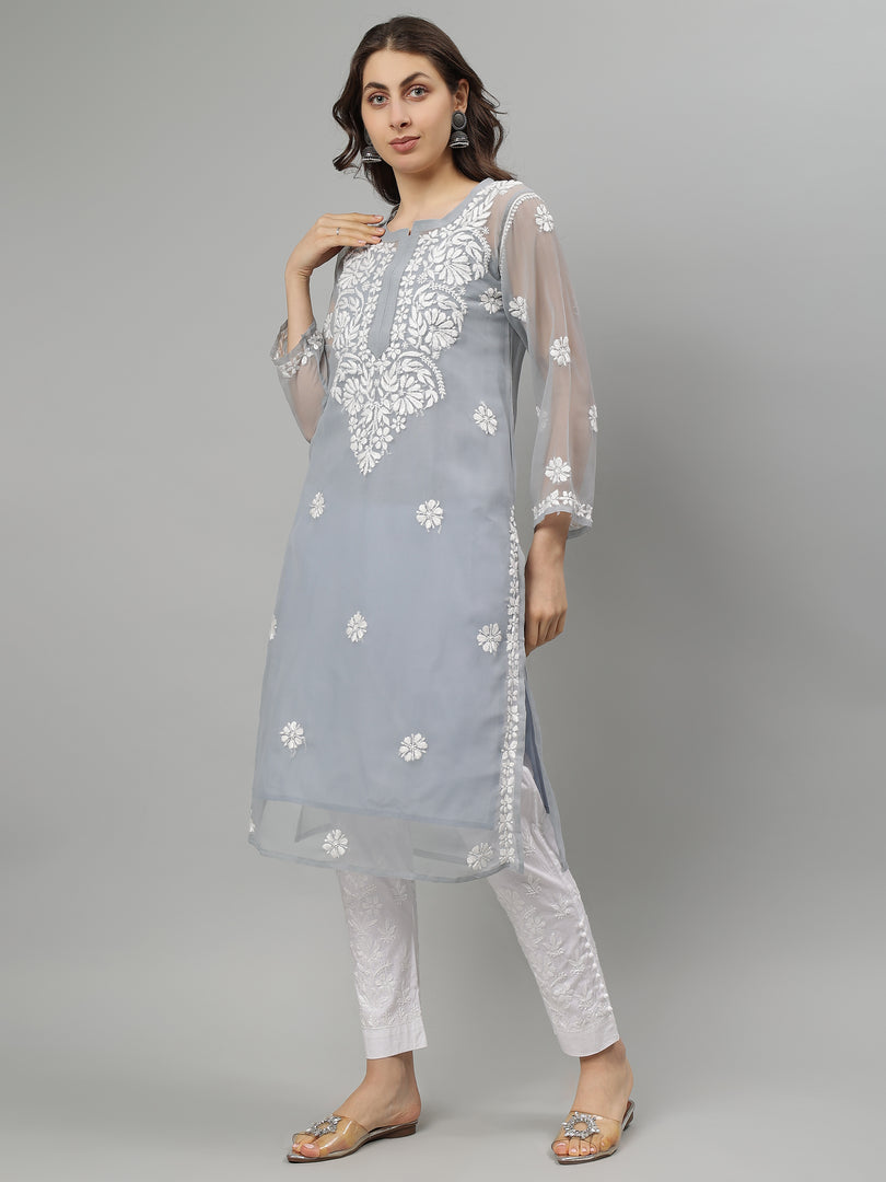 Seva Chikan Hand Embroidered Georgette Lucknowi Chikankari Kurta With Slip