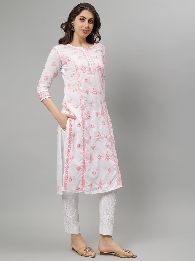 Seva Chikan Embroidered White p Pink Cotton Lucknowi Chikankari Kurta SCL4727