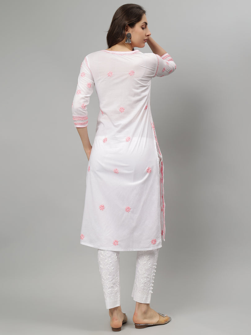 Seva Chikan Embroidered White p Pink Cotton Lucknowi Chikankari Kurta SCL4727