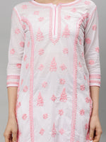 Load image into Gallery viewer, Seva Chikan Embroidered White p Pink Cotton Lucknowi Chikankari Kurta SCL4727