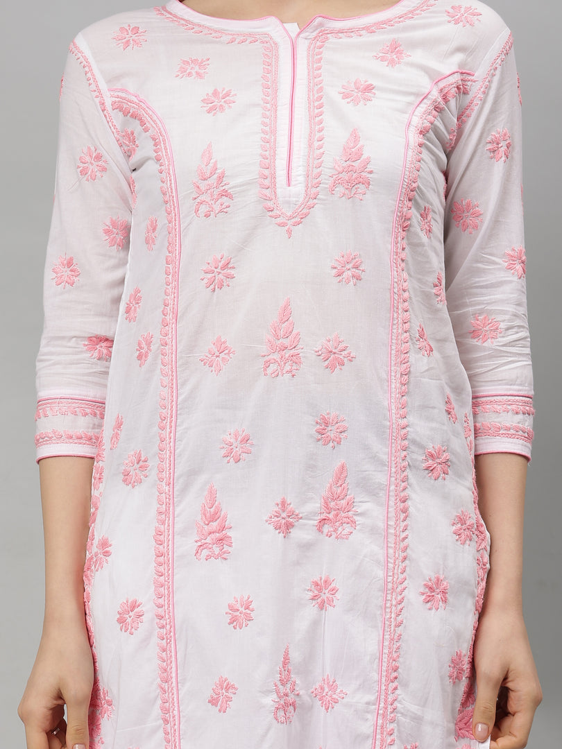 Seva Chikan Embroidered White p Pink Cotton Lucknowi Chikankari Kurta SCL4727
