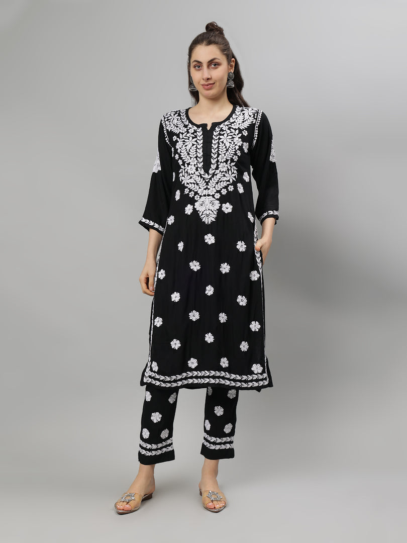 Seva Chikan Hand Embroidered Rayon Lucknowi Chikankari Kurta Set