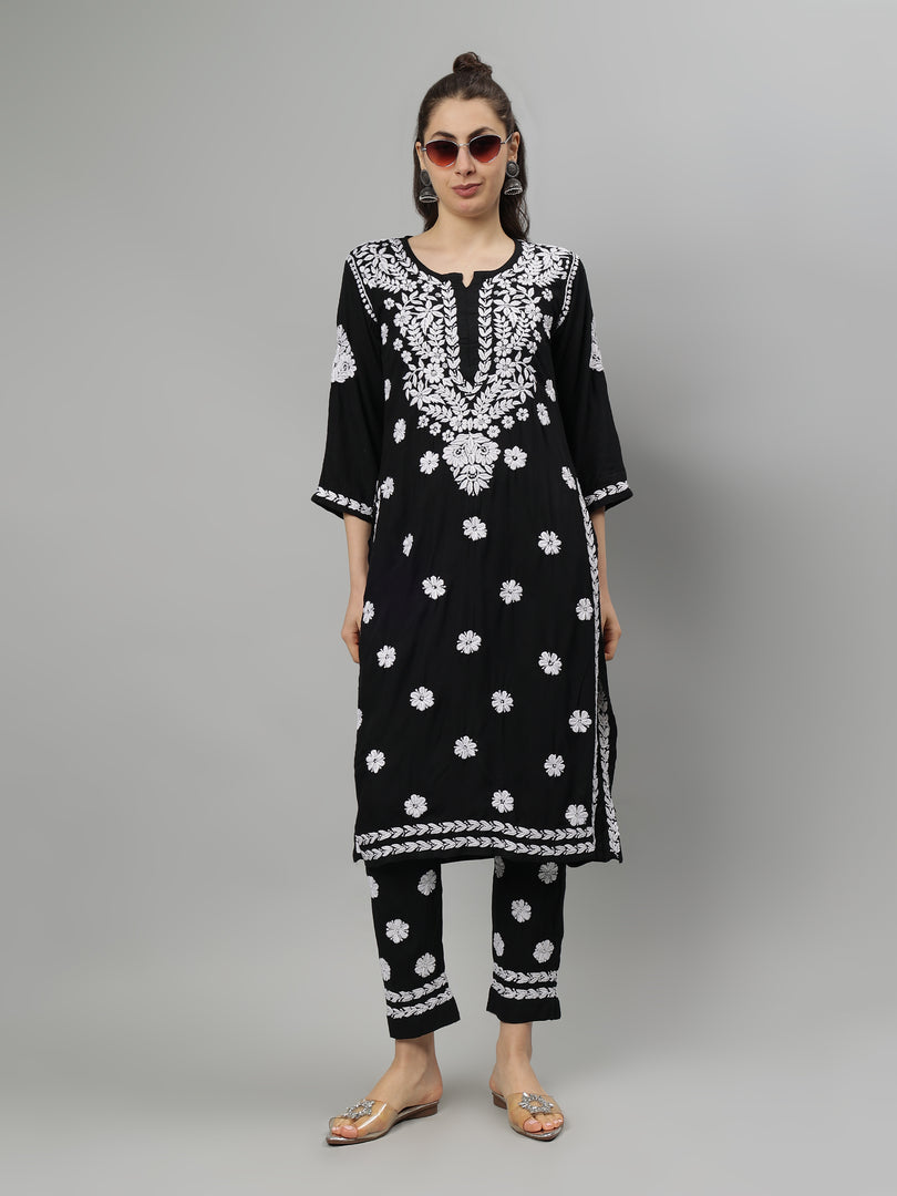 Seva Chikan Hand Embroidered Rayon Lucknowi Chikankari Kurta Set